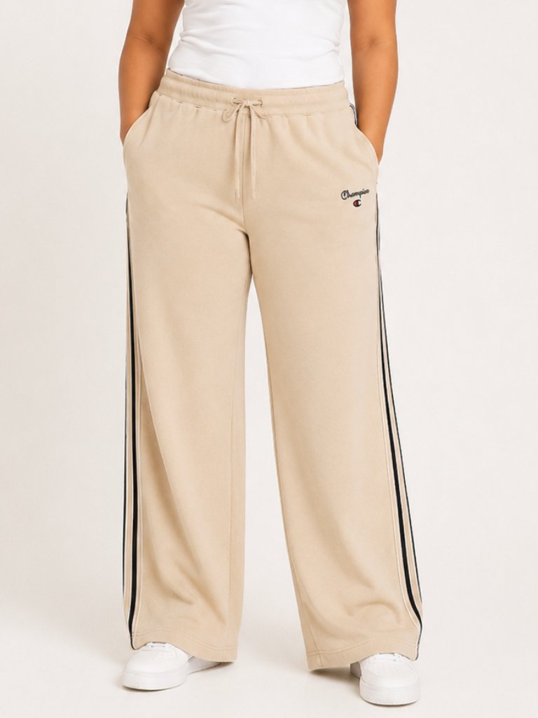Champion Women’s Xl Wide Leg Fleece Sweatpants Oatmeal Beige Side Stripe Nwt